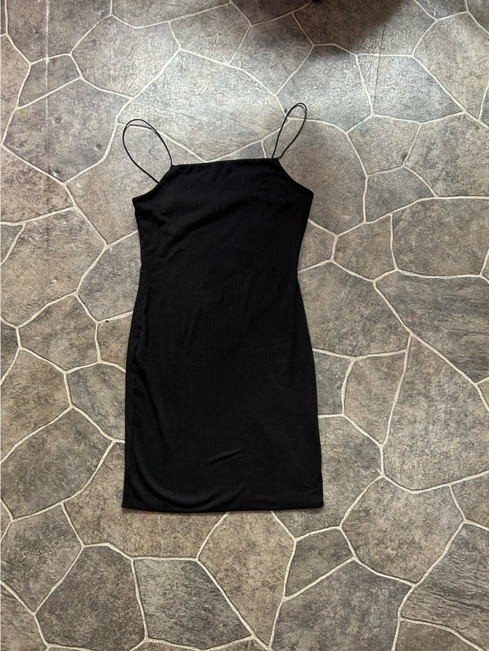 iris Black Ribbed Spaghetti Strap Bodycon Dress